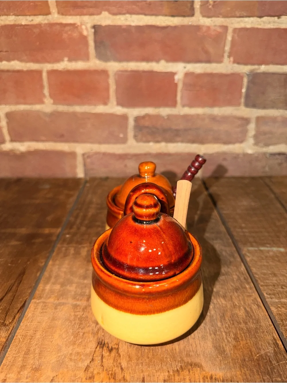 Vintage Two-Piece Ceramic Condiment Set in Brown and Yellow